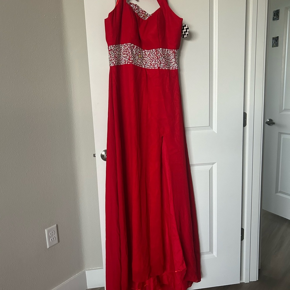 Elegant Red Beaded Cutout Evening Gown - Size 14